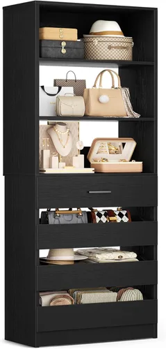 Aheaplus Sistema de armario de 54 cm con 4 cajones, organizador de armario de madera con estantes abiertos, sistema de cajones modular en torre,