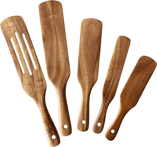Juego de 5 utensilios de cocina de teca natural, resistentes al calor, antiadherentes, con agujero para colgar, espátula ranurada para agitar,