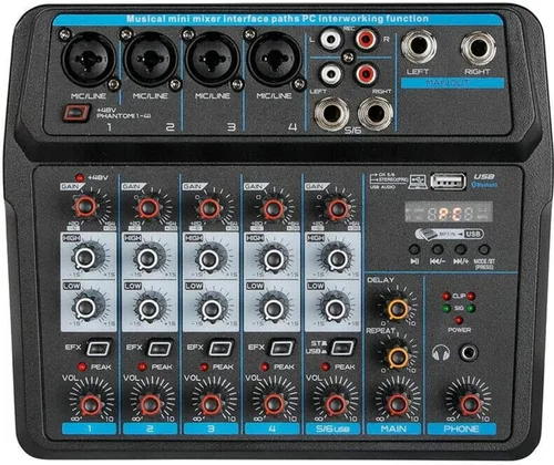 Miniatura 10 de Mezclador de audio Bluetooth Live Studio de 4 canales, pantalla LED, consola de mezcla USB profesional con ecualizador de 3 bandas, consola