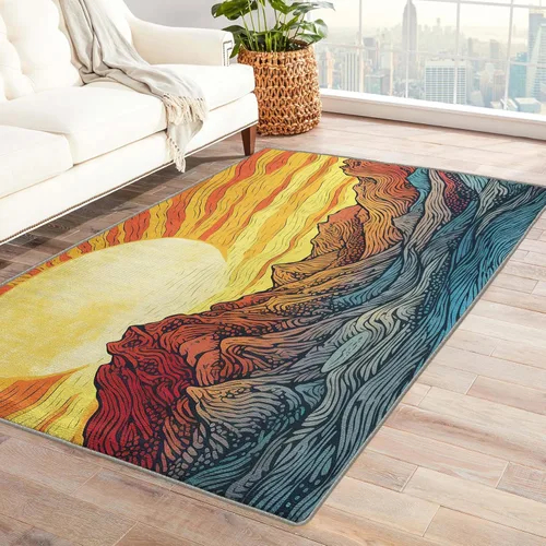 Miniatura 11 de Alfombra de área de sol de montaña de 3 x 5 pulgadas, alfombra de pintura al óleo, alfombras lavables para decoración de sala de estar y dormitorio