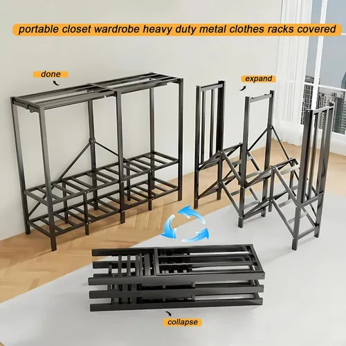 Miniatura 4 de Armario portátil plegable de 59.1 pulgadas para colgar ropa, perchero resistente con cubierta, percheros plegables de metal independientes, armario