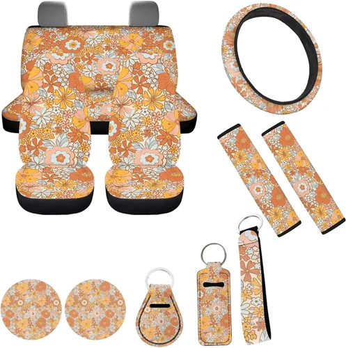 Miniatura 17 de Accesorios estéticos para automóvil, juego completo de fundas de asiento de automóvil con flores bohemias para mujeres, damas, juego de decoración