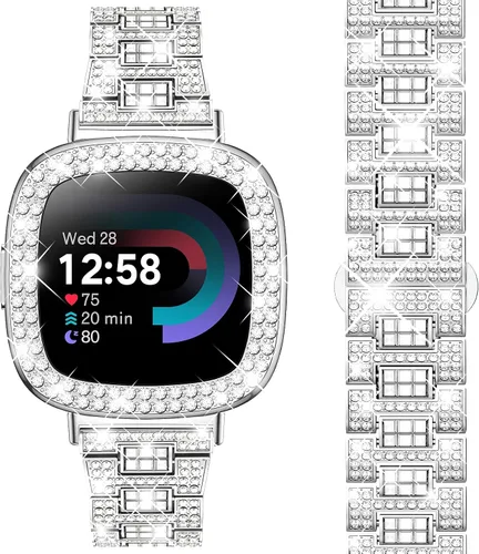 Miniatura 10 de Dsytom Bling Banda de Reloj Elegante Compatible con Fitbit Versa 4, Sense 2, Versa 3, Sense - Correa Linda con Funda Protectora de Rinstone