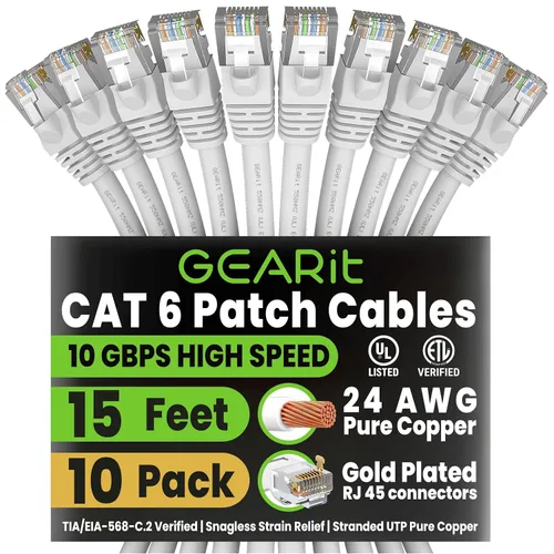 GEARit Cable de conexión Ethernet Cat 6 de 15 pies de color blanco (paquete de 10) cables de conexión Cat6 de 15 pies, cable de conexión
