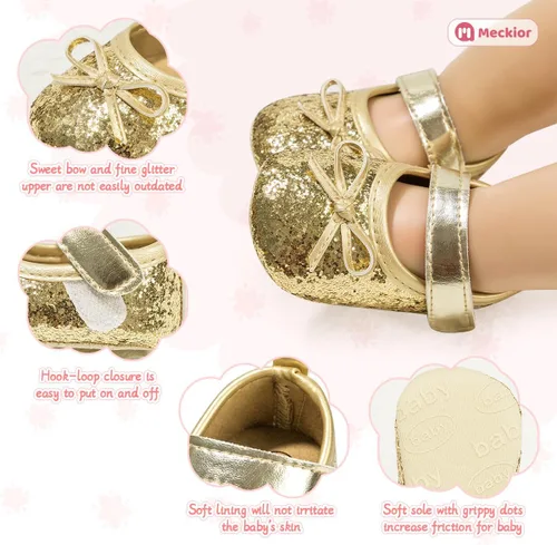 Miniatura 5 de Meckior Zapatos deportivos para bebé y niñas, suela suave, con lazo, princesa, vestido de boda, Mary Jane, planos, para recién nacidos, ligeros