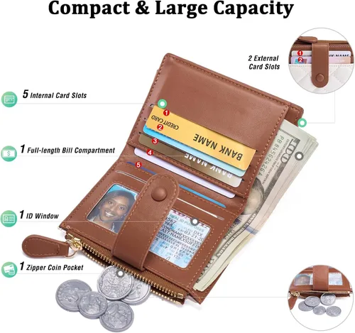 Miniatura 2 de GAEKEAO Billetera pequeña para mujer, de piel plegable, con bloqueo RFID, tarjetero para tarjetas de crédito, bolsillo con cremallera, monedero