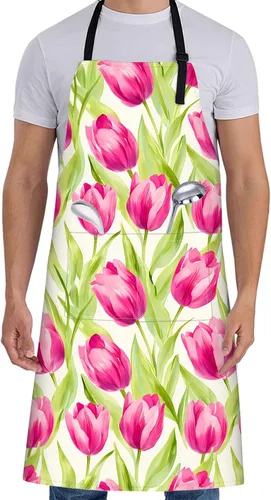 Miniatura 12 de Delantal floral de margaritas blancas para mujer, 28 x 33 pulgadas, delantales de cocina de primavera fresca con 2 bolsillos, tela Oxford, delantal