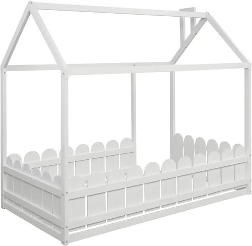 Miniatura 6 de MERITLINE Cama de madera tamaño individual, base de cama con techo, cama individual para niñas, niños, necesita somier, color blanco