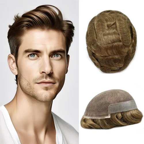 Miniatura 129 de Sistema de repuesto de cabello humano europeo con encaje frontal suizo para hombre, tupé para hombre, pieza de cabello, nudo blanqueado, línea #17