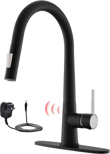 Grifo de cocina negro sin contacto con adaptador de CA, sensor de movimiento inteligente, manos libres, grifo de fregadero de cocina de una sola