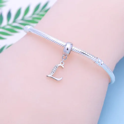 Miniatura 55 de ABUN Abalorio de plata de ley 925 con letra A a la Z, espaciador de inicial, con circonita cúbica transparete colgante, auténtica, para pulseras
