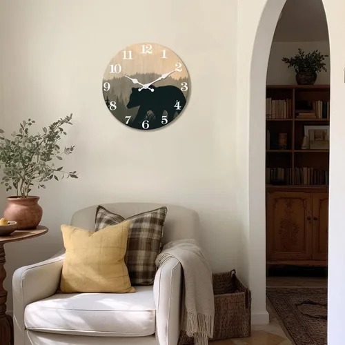 Miniatura 3 de XFM Reloj de Pared de Oso de Cabaña Operado con Batería de 10 Pulgadas Silencioso de Madera Relojes de Pared Rústicos de Granja para Decoración