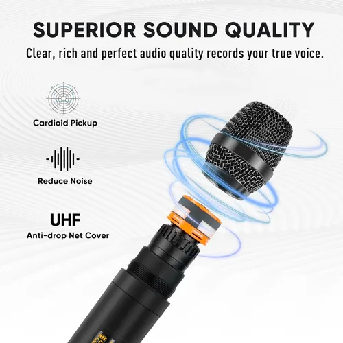 Miniatura 7 de Mezclador de audio de 4 canales, mezclador de karaoke con micrófonos inalámbricos duales, tablero de sonido profesional, consola de mezcla de DJ
