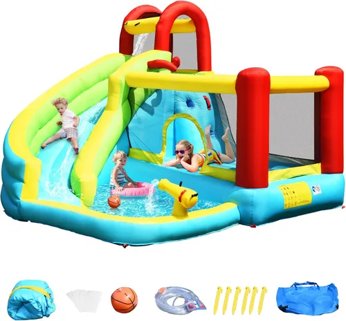 Miniatura 10 de OLAKIDS Tobogán acuático inflable, casa de rebote 6 en 1 con tobogán de pared de escalada para piscina, borde de baloncesto, pistola de agua, parque