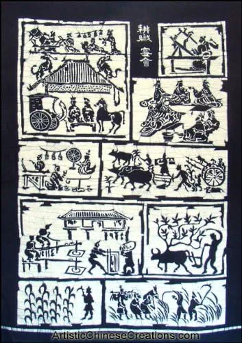Pintura de batik chino/colgante de pared grande de batik chino, vida pacífica, 100% hecho a mano por el artista Batik Qin Hai