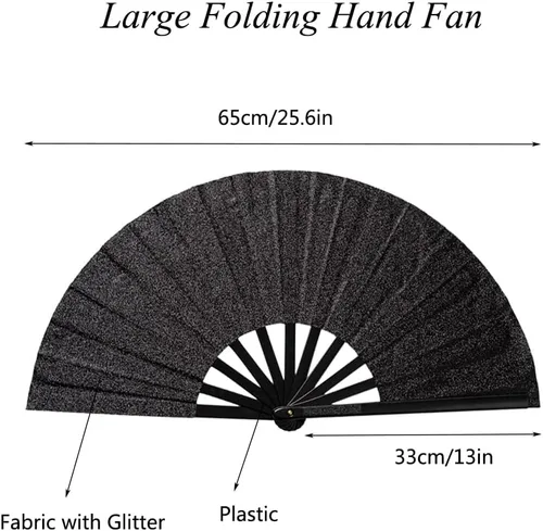 Miniatura 2 de Paquete de 2 ventiladores de mano plegables grandes para fiestas, abanico de mano con purpurina para festivales, ventilador de mano plegable grande