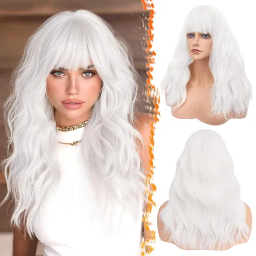 Miniatura 38 de BARSDAR Peluca rubia corta ondulada con flequillo, pelucas cortas onduladas de 14 pulgadas para mujer, pelucas sintéticas suaves hasta el hombro