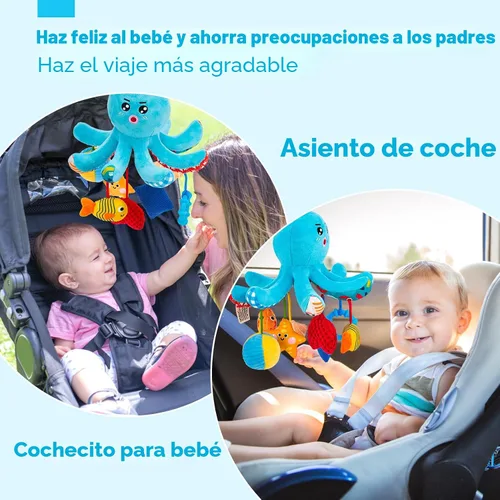 Miniatura 7 de hahaland Juguetes para bebés de 0 a 6 meses – Juguetes para asiento de automóvil, juguete de pulpo con cuerdas de tracción, chirriante, sonajero
