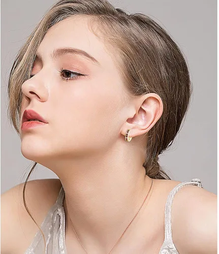 Miniatura 2 de Aretes de aro pequeños para mujer, chapados en oro de 14 quilates, joyería de ópalo, Piedra, Ópalo sintético