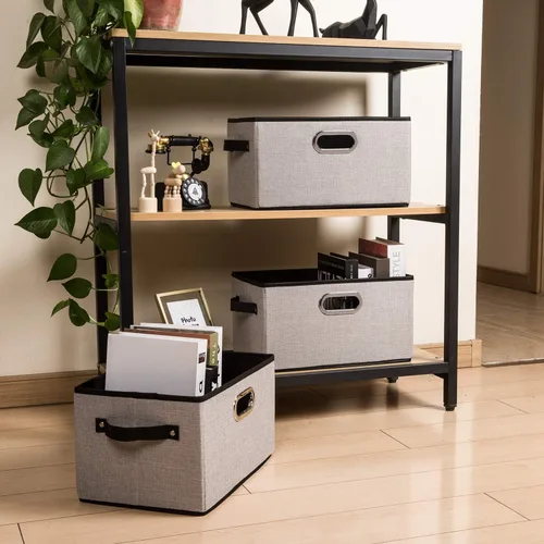 Miniatura 3 de PRANDOM Contenedores Grandes de Almacenamiento Plegables para Armario [Paquete de 3] Cubos Decorativos de Tela de Lino con Asas de Cuero/Metal