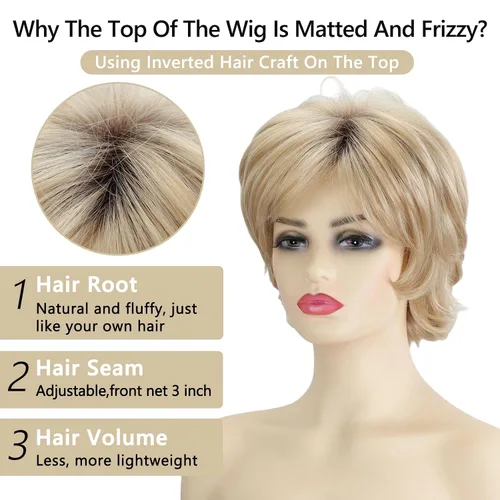 Miniatura 6 de TISHINING Pelucas Rizadas Cortas de Corte Pixie Ombre Rubias para Mujeres Blancas Peluca Rubia Mixta Esponjosa en Capas con Flequillo de Aspecto