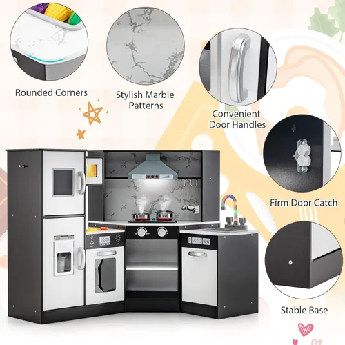 Miniatura 6 de Costzon Juego de cocina para niños, 2 piezas de juguete de cocina con luz, sonido, lavabo, microondas, pizarra, máquina de hielo, campana Negro
