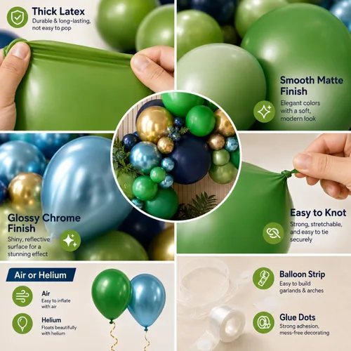 Miniatura 8 de Kit de guirnalda de globos azules y verdes de 134 piezas, kit de arco de globos azul marino, verde oscuro y dorado con globos cromados metálicos