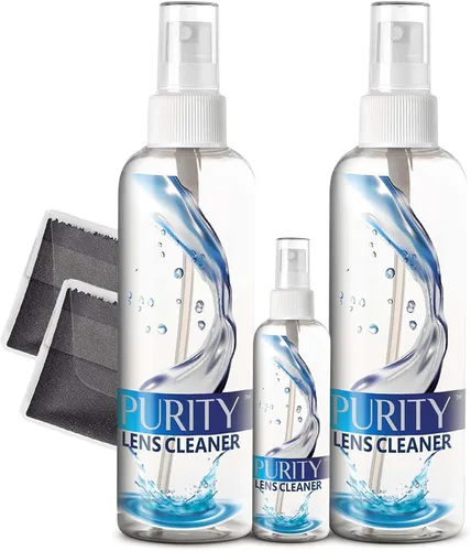 Purity - Kit de limpiador de lentes de anteojos - 2 x 8 onzas y 1 x 2 onzas botella de spray limpiador de lentes + 2 paños de limpieza de microfibra