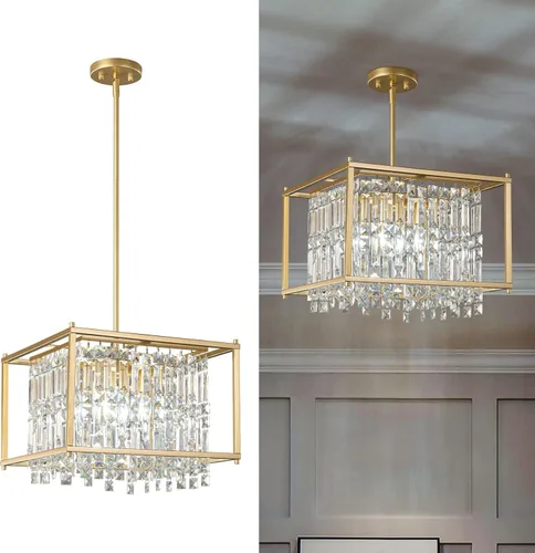 Miniatura 23 de LMQNINE Candelabro Moderno para Vestíbulo, Candelabro de Cristal Dorado Lámpara Colgante de Entrada, Candelabros Redondos de Altura Ajustable