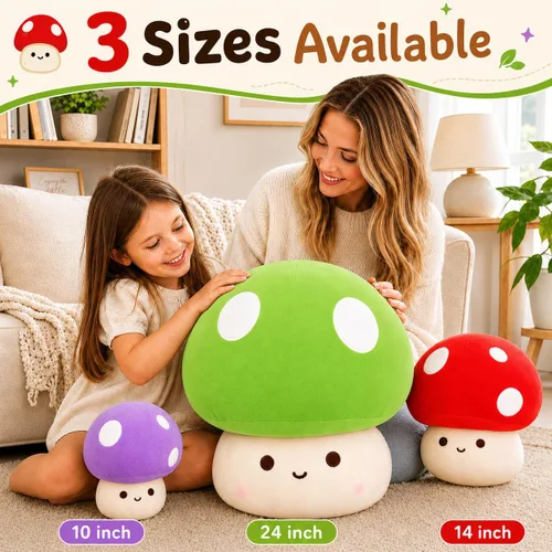 Miniatura 4 de Almohada de felpa de hongos verdes de 14 pulgadas, bonita decoración de hongos grandes, peluche de peluche, juguete suave regalo para niñas, niños