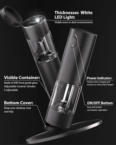 Miniatura 7 de TOMEEM Juego de molinillo eléctrico de sal y pimienta de mayor capacidad, recargable con luces LED, molinillo automático de pimienta y sal de acero