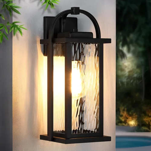 Lámparas de pared para exteriores de 15 pulgadas, aplique de pared negro mate exterior con vidrio ondulado de agua, antioxidante, impermeable, luces