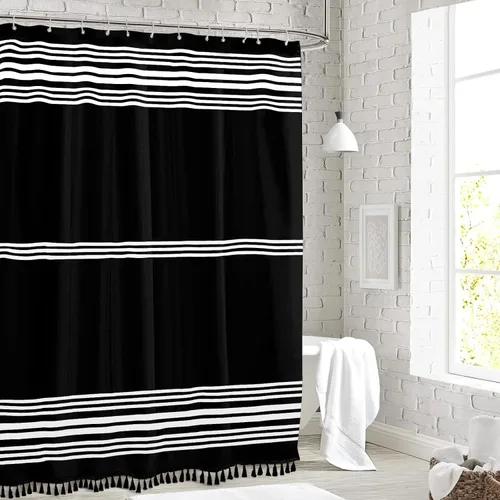 Miniatura 6 de Seasonwood Cortina de ducha negra a rayas blancas de tela moderna con borlas negras, cortinas de ducha bohemias para decoración de baño