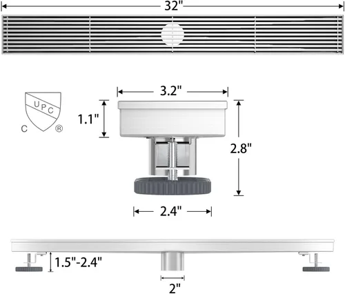 Miniatura 3 de Sharpeye Drenaje lineal de ducha de 32 pulgadas con rejilla de alambre de cuña extraíble, acero inoxidable 304 cepillado rectangular para baño