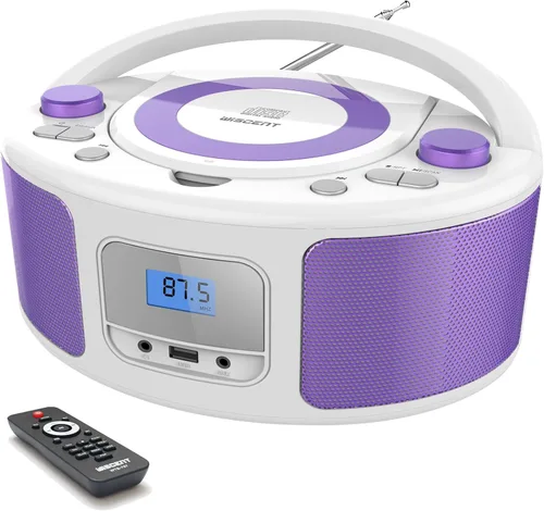 Reproductor de CD Radio Portátil con Bluetooth, Radio FM, Control Remoto, Entrada USB y Conector de Auriculares de 3.5mm AUX, Reproducción de