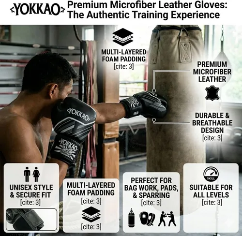 Miniatura 3 de Yokkao Guantes de Boxeo Muay Thai – Guantes esenciales para principiantes, hombres y mujeres, de piel de microfibra, acolchado de espuma multicapa