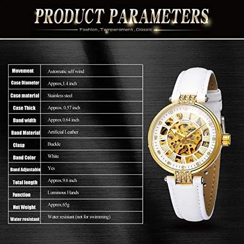 Miniatura 4 de Reloj de pulsera para mujer, analógico, números romanos esqueleto cristal automático automático automático reloj de cuero mecánico
