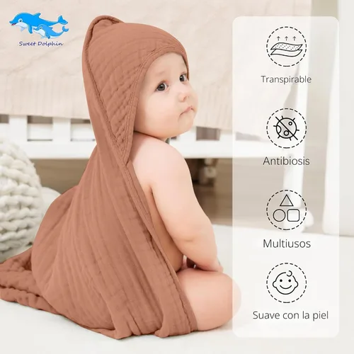 Miniatura 2 de SWEET DOLPHIN - Paquete de 2 toallas de baño de muselina con capucha, 100% algodón, para bebés y niños pequeños, 32 x 32 pulgadas, altamente Pasta