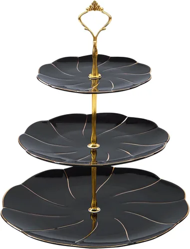Miniatura 10 de DUJUST Torre de porcelana de lujo de 2 niveles para cupcakes, bandeja de servir estilo británico con borde dorado, soporte de exhibición de postres