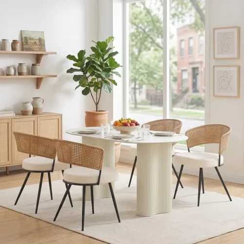 Juego de 4 sillas de comedor de ratán con patas de metal, sillas de comedor modernas tapizadas para cocina, restaurante, comedor, color marrón