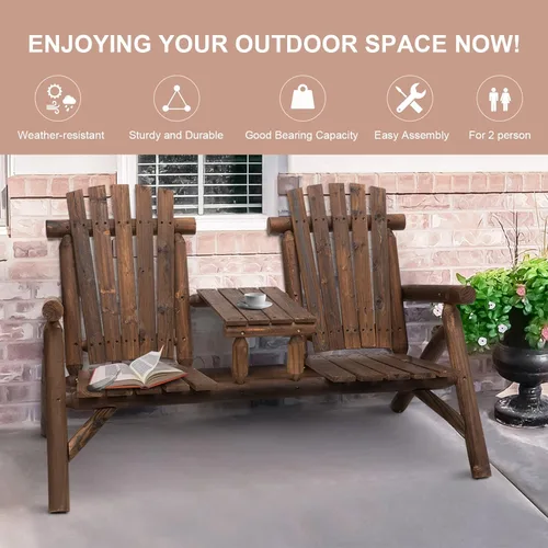 Miniatura 3 de Silla Adirondack de madera de 2 asientos, juego de sillas para exteriores con mesa auxiliar central, silla Adirondack de dos plazas al aire libre