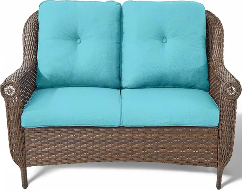 Miniatura 11 de Sofá de mimbre para patio, sofá de mimbre para exteriores, resistente para todo tipo de clima, sofás para 2 personas con respaldo alto y cómodos