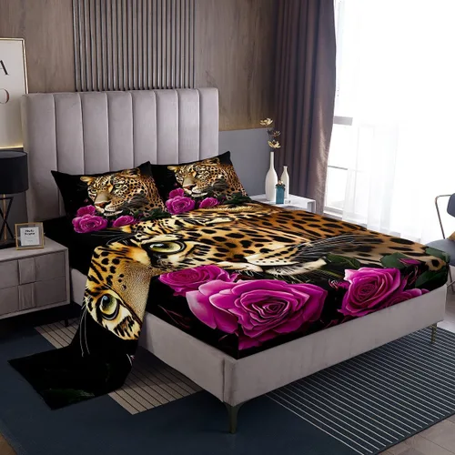 Miniatura 33 de Erosebridal Sábanas de cama de guepardo con rosa roja, juego de sábanas de bolsillo profundo con estampado de leopardo y gato, sábana bajera