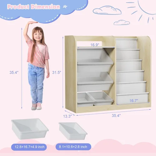 Miniatura 2 de Estantería de madera natural para niños, caja de almacenamiento de juguetes, estante organizador con 4 contenedores de plástico extraíbles