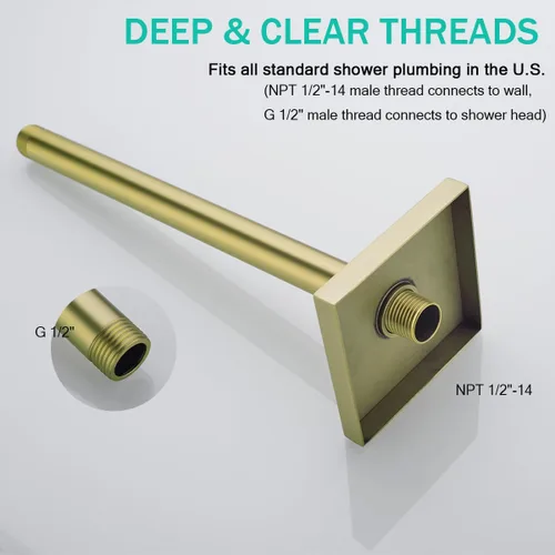 Miniatura 4 de Brazo de ducha dorado cepillado con brida,Tubo de ducha fijo montado en el techo de 12 pulgadas, brazo de repuesto de ducha de lluvia recto