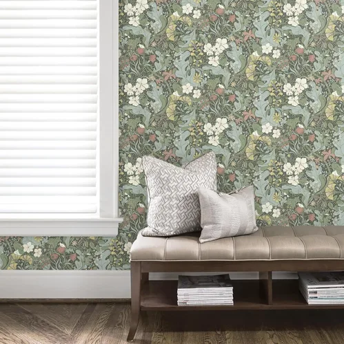 Miniatura 7 de HeloHo Papel tapiz verde para despegar y pegar, diseño bohemio, floral, autoadhesivo, extraíble, impermeable, papel de contacto para sala de estar