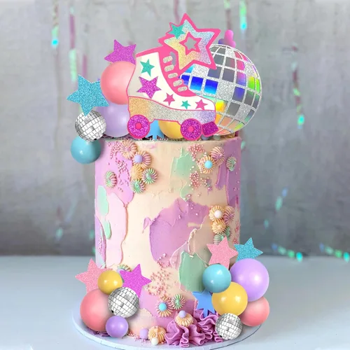 Miniatura 3 de Decoración para tartas de patinaje sobre ruedas, bola de discoteca, decoración de pastel para pasteles de bolas pastel para 80, 90, patinaje, hip