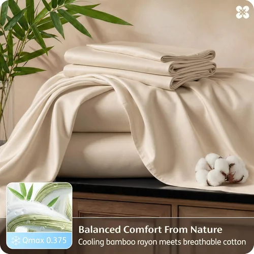 Miniatura 2 de Bedsure Sábanas Refrescantes Tamaño Queen, Rayón Derivado de Bambú y Mezcla de Algodón, GentleSoft, Transpirables, Juego de Sábanas Queen, Bolsillo