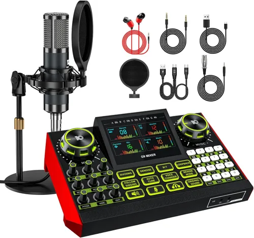 Paquete de equipo de podcast G9 con mezclador de audio para canto en streaming, kit de micrófono de condensador de 0.138 in, cambiador de voz, Azul