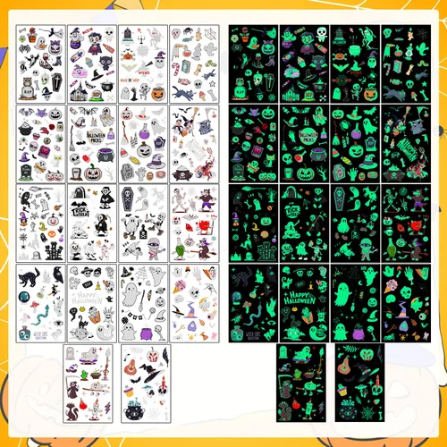 Miniatura 2 de LOMIMOS 320 tatuajes temporales que brillan en la oscuridad, impermeables, aterradoras, extraíbles para la cara y el cuerpo, para dulces o bolsas